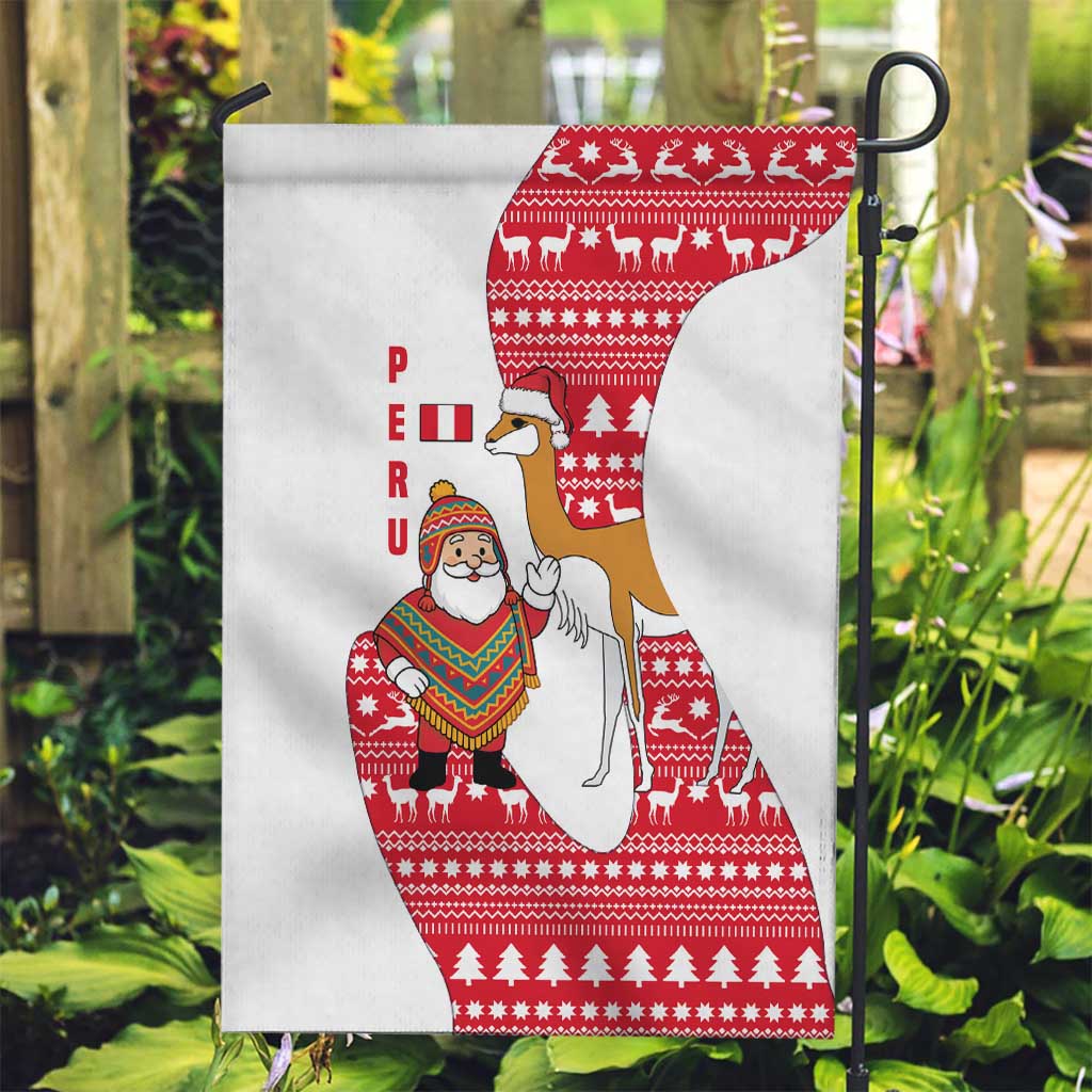 Peru Christmas Garden Flag with Santa Claus Vicuña Andean Poncho and Red Festive Pattern Design - Wonder Print Shop