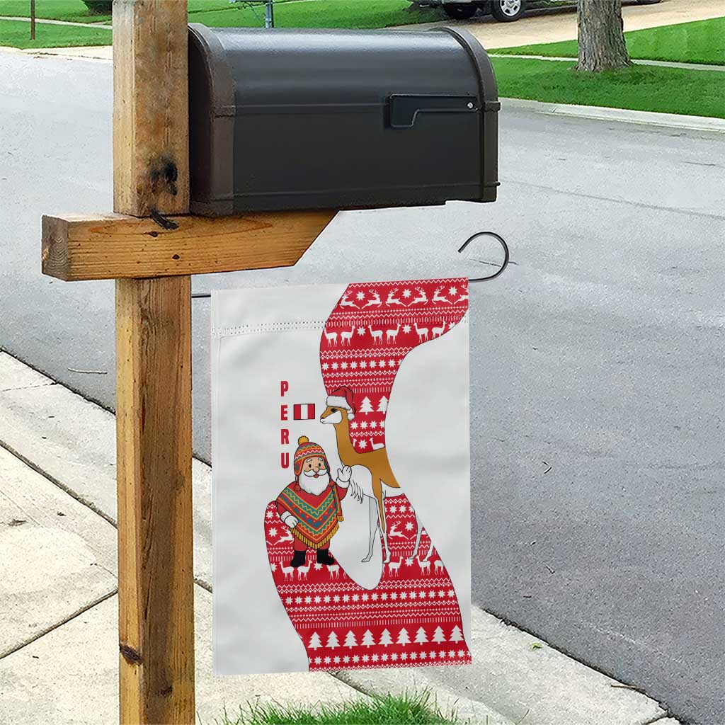 Peru Christmas Garden Flag with Santa Claus Vicuña Andean Poncho and Red Festive Pattern Design - Wonder Print Shop