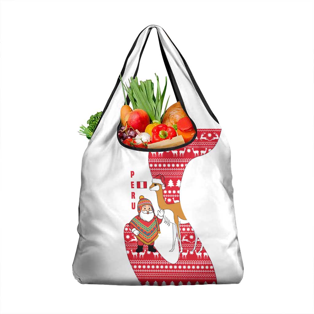 Peru Christmas Grocery Bag with Santa Claus Vicuña Andean Poncho and Red Festive Pattern Design - Wonder Print Shop