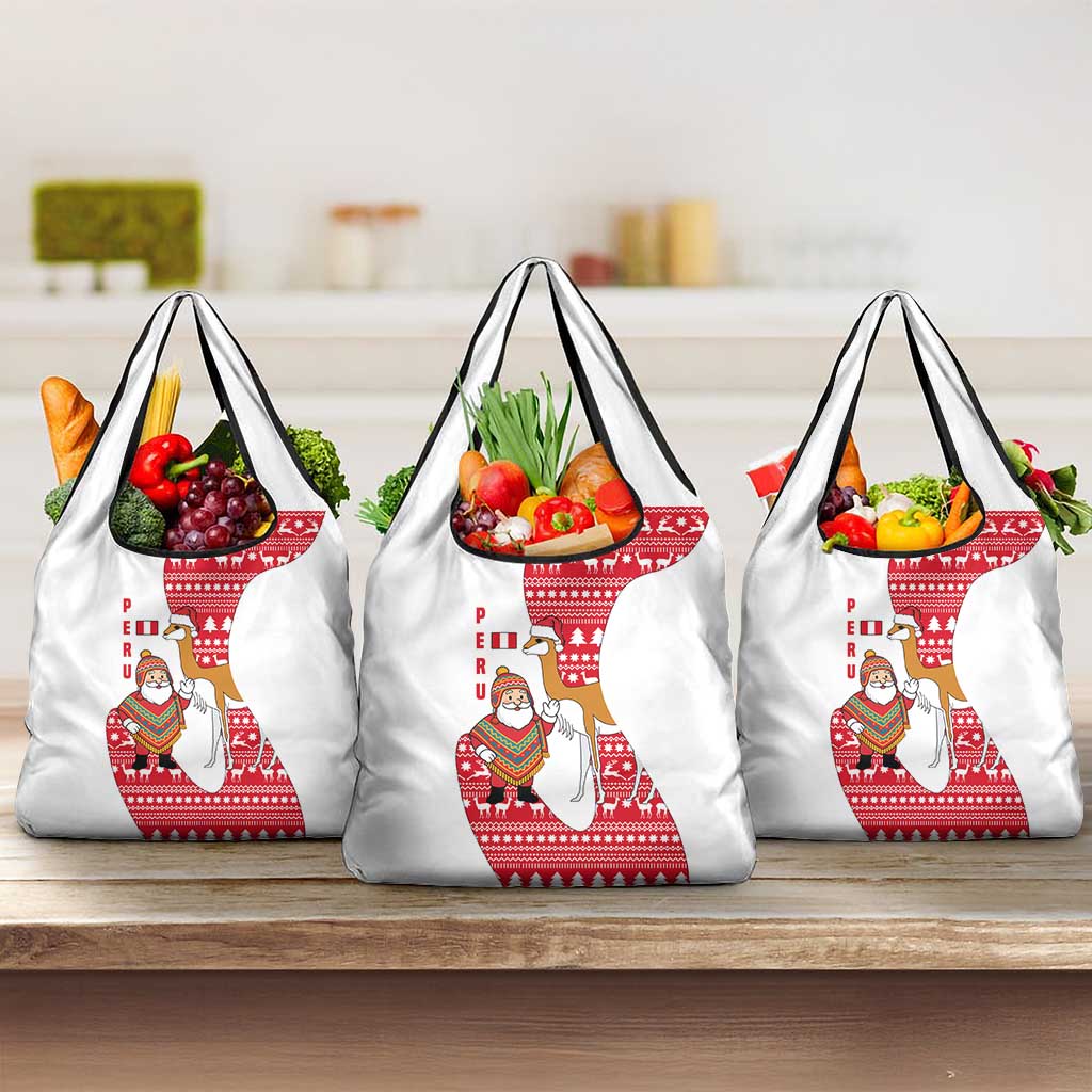 Peru Christmas Grocery Bag with Santa Claus Vicuña Andean Poncho and Red Festive Pattern Design - Wonder Print Shop