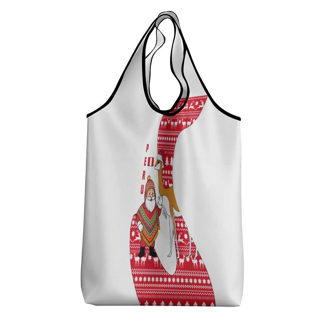 Peru Christmas Grocery Bag with Santa Claus Vicuña Andean Poncho and Red Festive Pattern Design - Wonder Print Shop