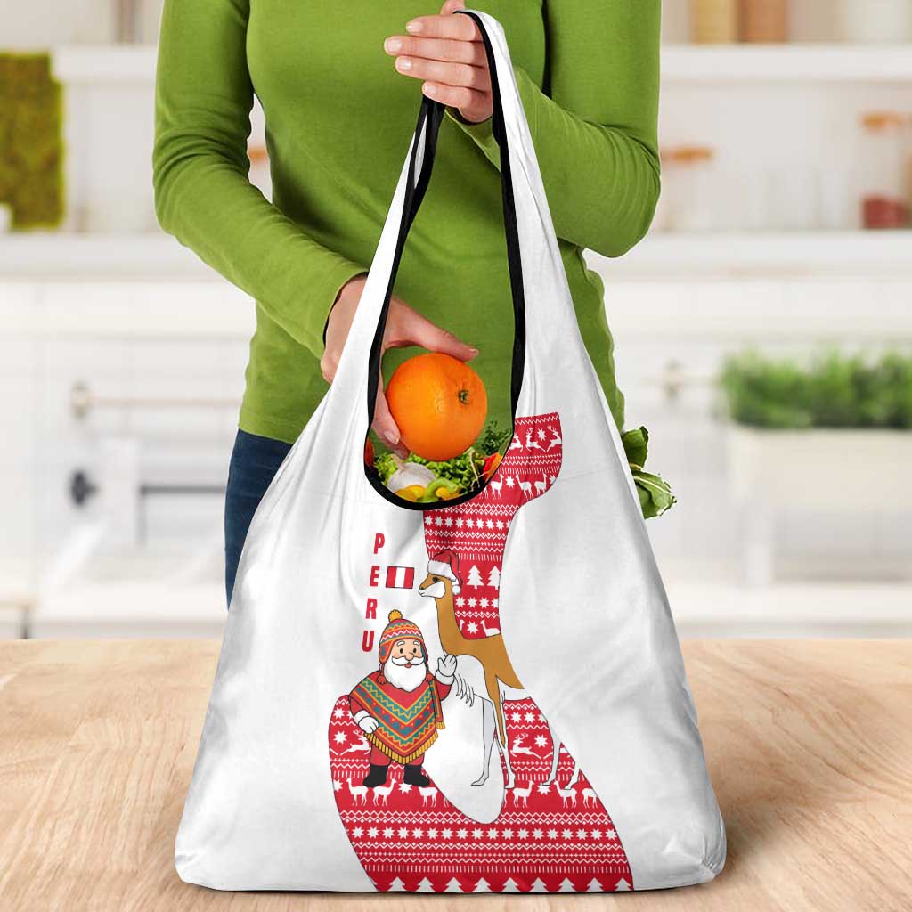 Peru Christmas Grocery Bag with Santa Claus Vicuña Andean Poncho and Red Festive Pattern Design - Wonder Print Shop