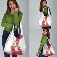 Peru Christmas Grocery Bag with Santa Claus Vicuña Andean Poncho and Red Festive Pattern Design - Wonder Print Shop