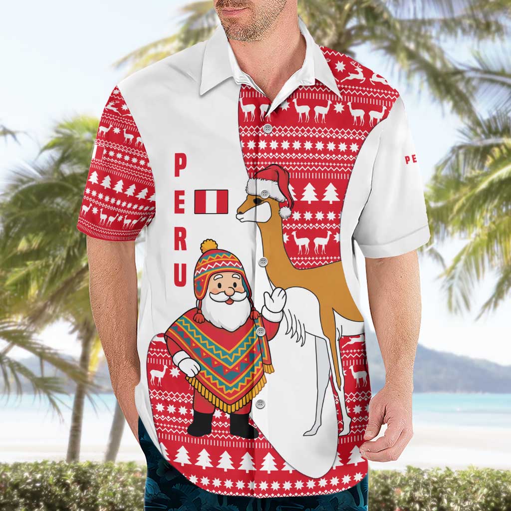 Peru Christmas Hawaiian Shirt with Santa Claus Vicuña Andean Poncho and Red Festive Pattern Design - Wonder Print Shop
