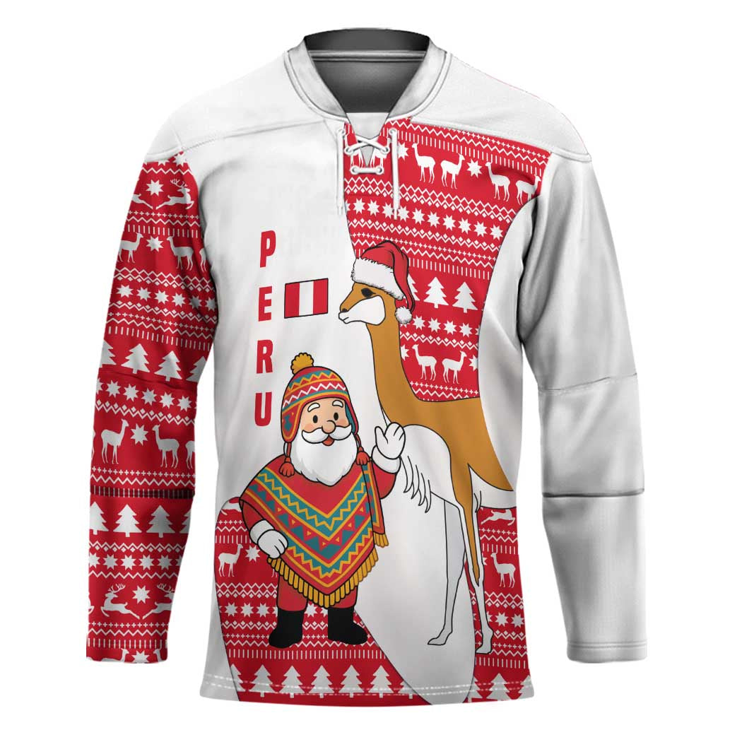 Peru Christmas Hockey Jersey with Santa Claus Vicuña Andean Poncho and Red Festive Pattern Design - Wonder Print Shop