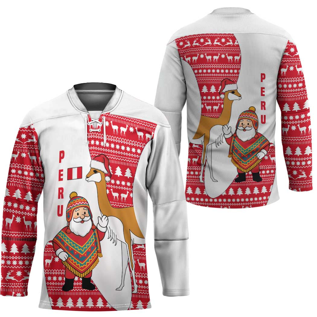 Peru Christmas Hockey Jersey with Santa Claus Vicuña Andean Poncho and Red Festive Pattern Design - Wonder Print Shop