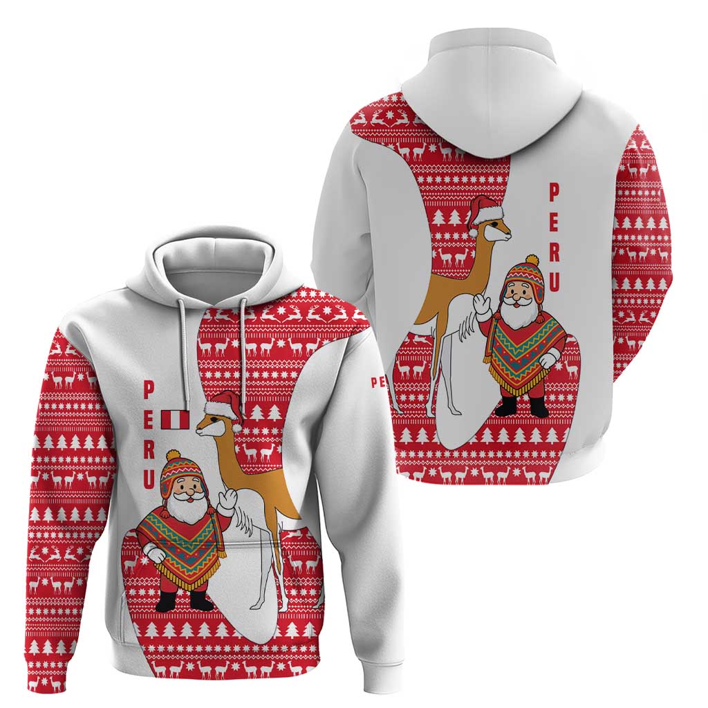 Peru Christmas Hoodie with Santa Claus Vicuña Andean Poncho and Red Festive Pattern Design - Wonder Print Shop