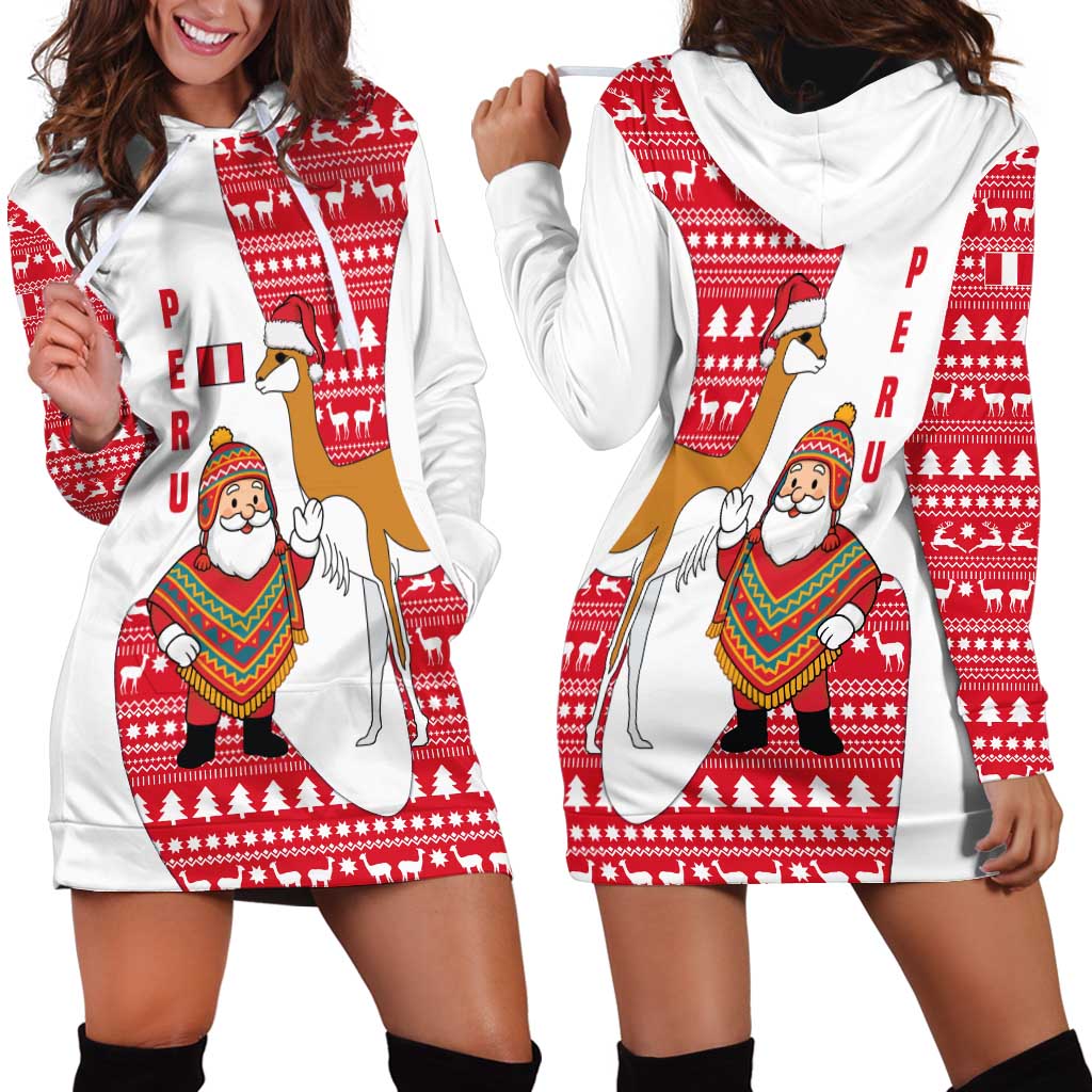 Peru Christmas Hoodie Dress with Santa Claus Vicuña Andean Poncho and Red Festive Pattern Design - Wonder Print Shop