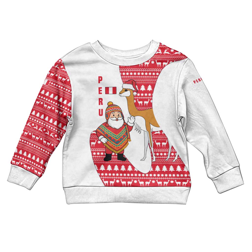 Peru Christmas Kid Ugly Christmas Sweater with Santa Claus Vicuña Andean Poncho and Red Festive Pattern Design - Wonder Print Shop