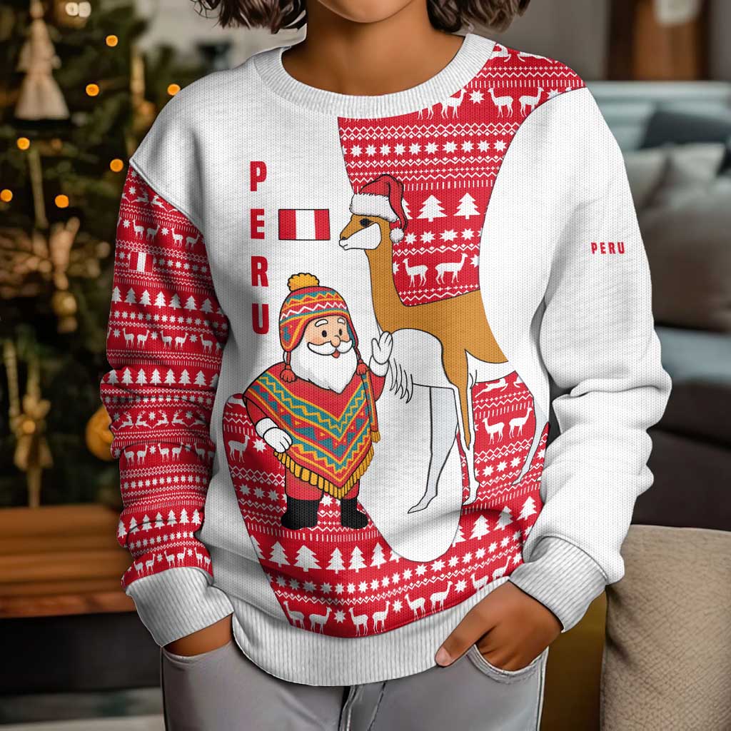 Peru Christmas Kid Ugly Christmas Sweater with Santa Claus Vicuña Andean Poncho and Red Festive Pattern Design - Wonder Print Shop