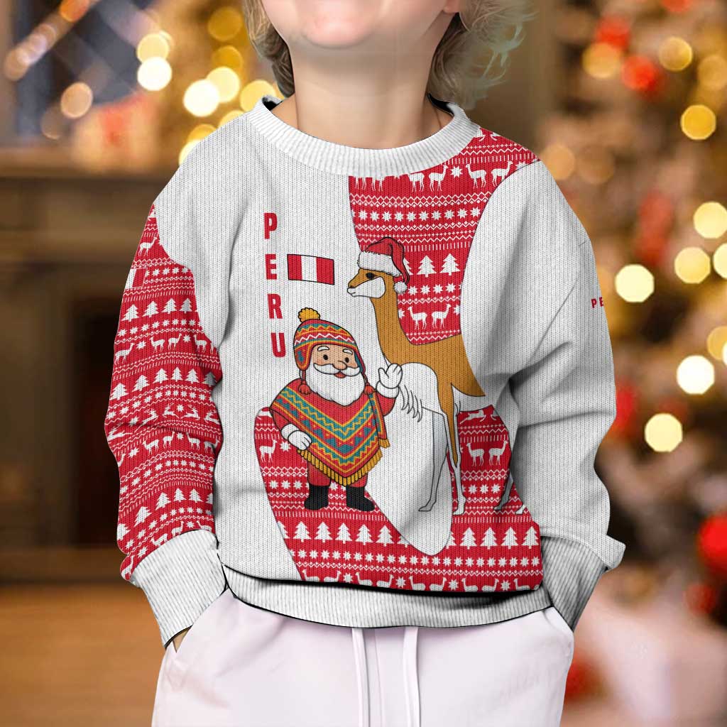 Peru Christmas Kid Ugly Christmas Sweater with Santa Claus Vicuña Andean Poncho and Red Festive Pattern Design - Wonder Print Shop