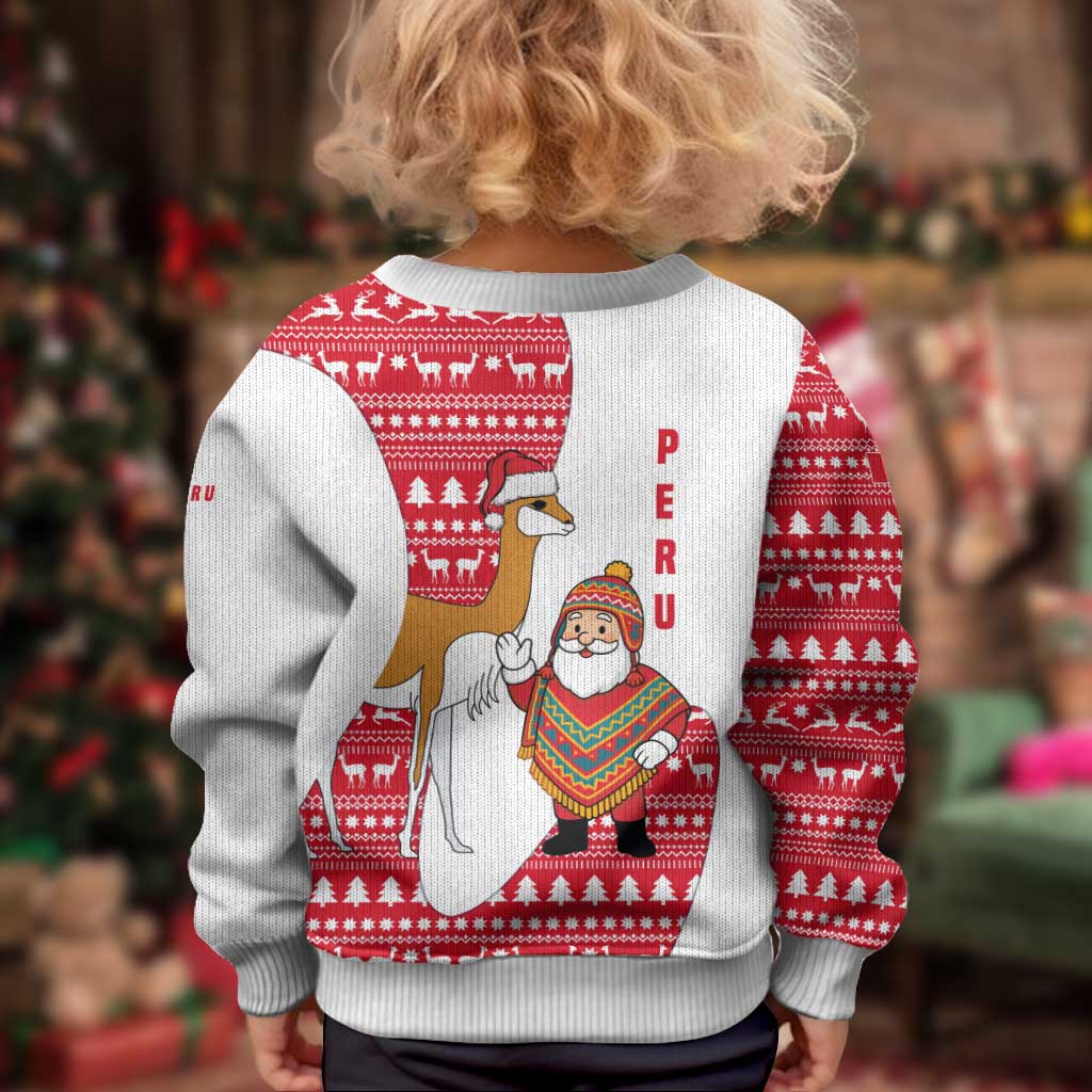 Peru Christmas Kid Ugly Christmas Sweater with Santa Claus Vicuña Andean Poncho and Red Festive Pattern Design - Wonder Print Shop