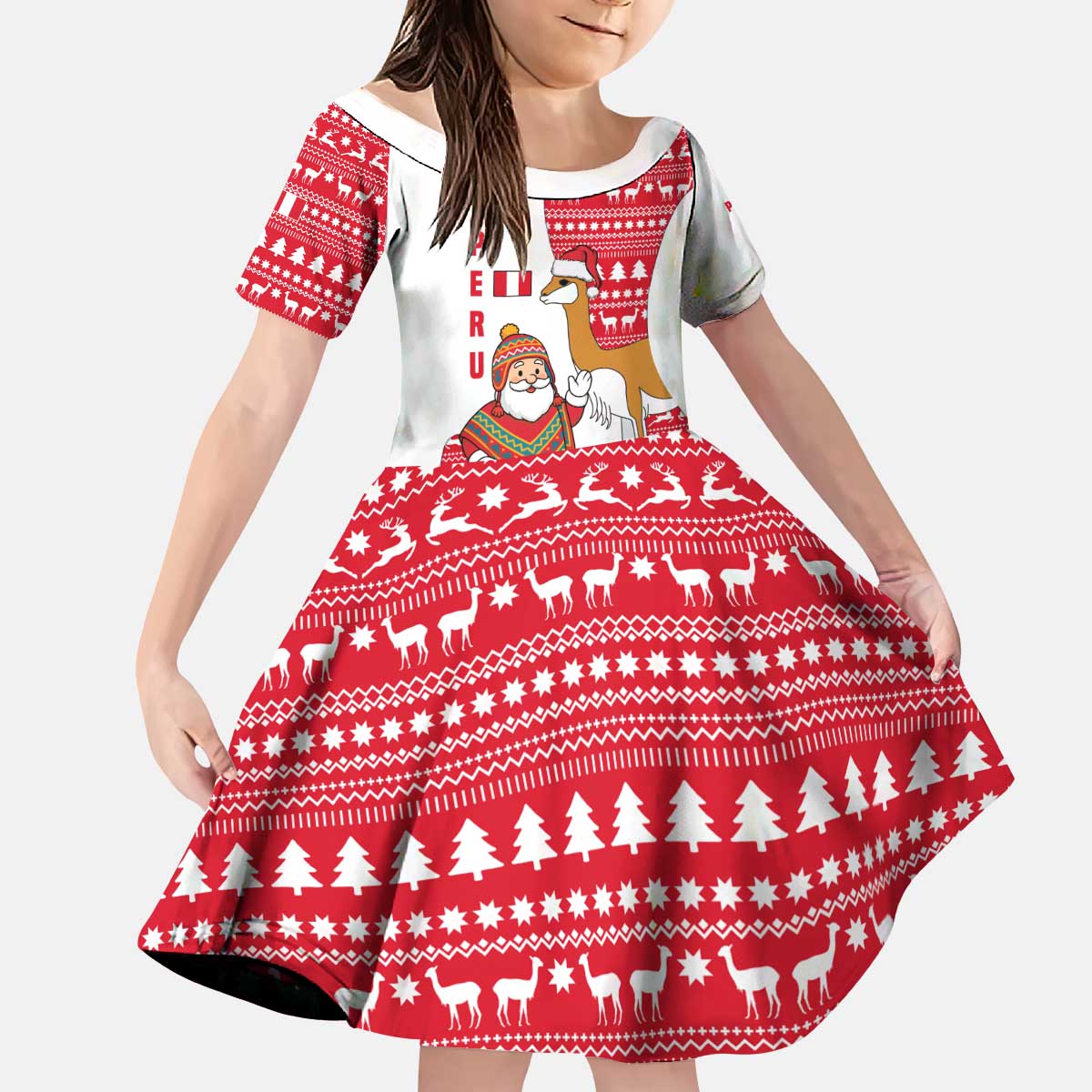 Peru Christmas Kid Short Sleeve Dress with Santa Claus Vicuña Andean Poncho and Red Festive Pattern Design - Wonder Print Shop