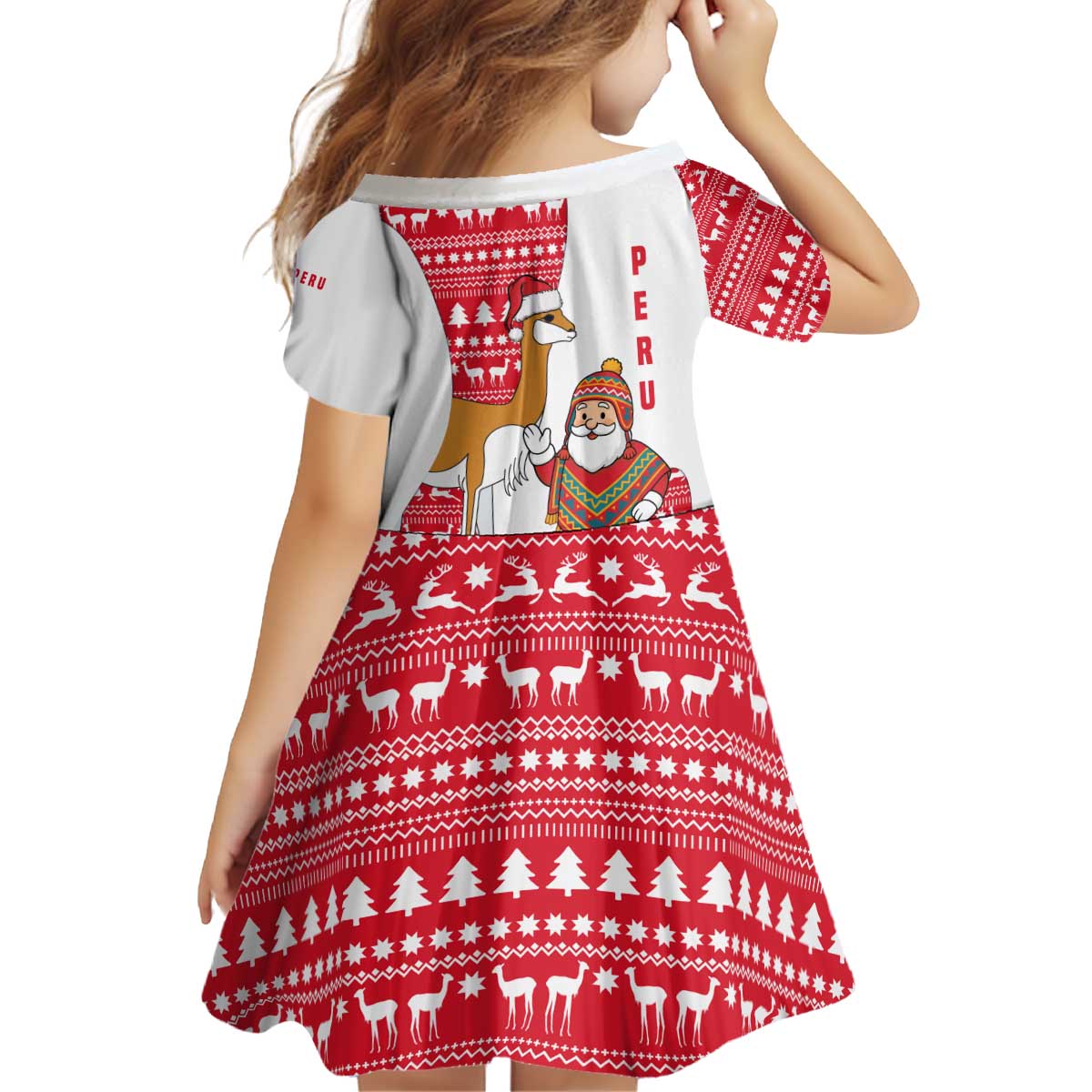 Peru Christmas Kid Short Sleeve Dress with Santa Claus Vicuña Andean Poncho and Red Festive Pattern Design - Wonder Print Shop