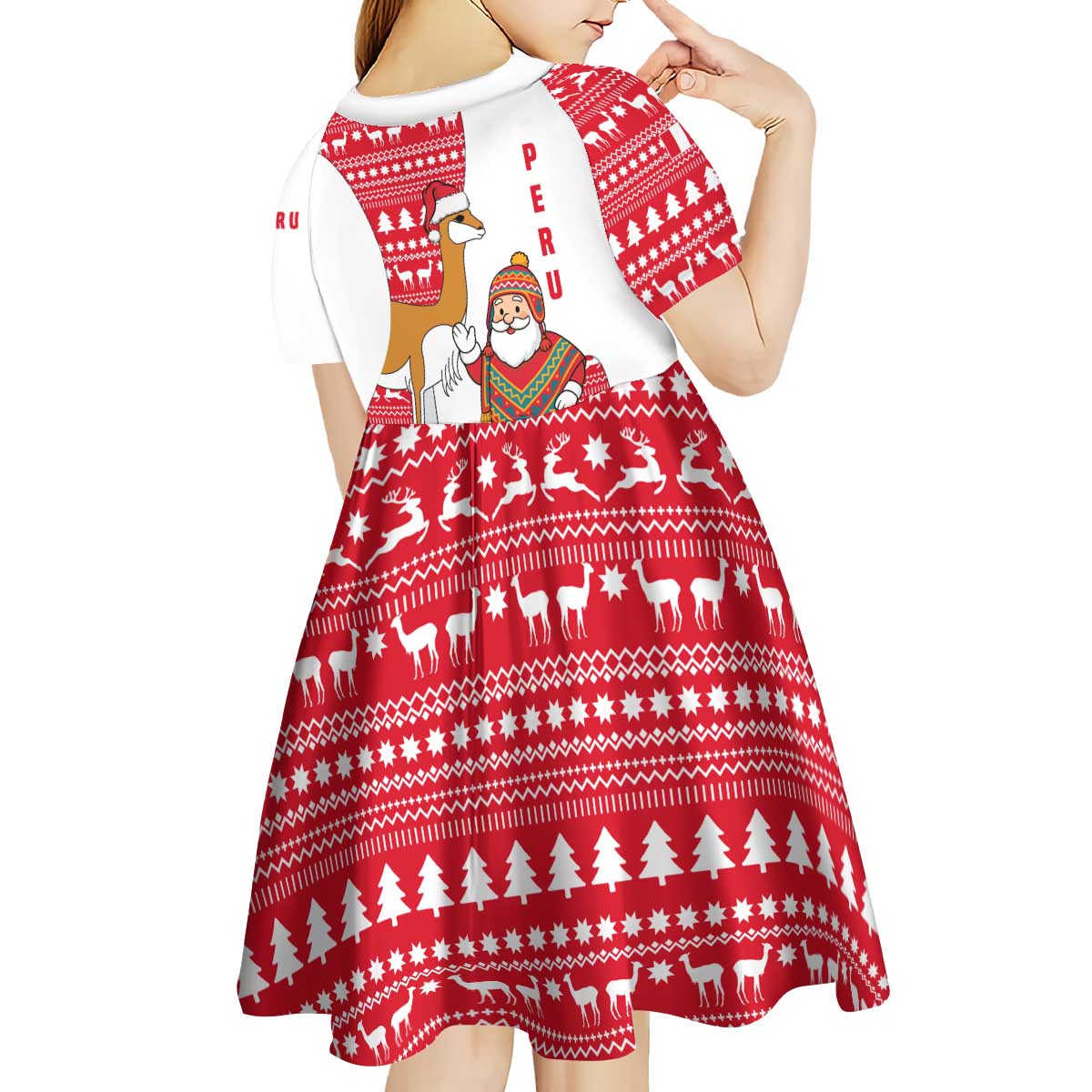 Peru Christmas Kid Short Sleeve Dress with Santa Claus Vicuña Andean Poncho and Red Festive Pattern Design - Wonder Print Shop