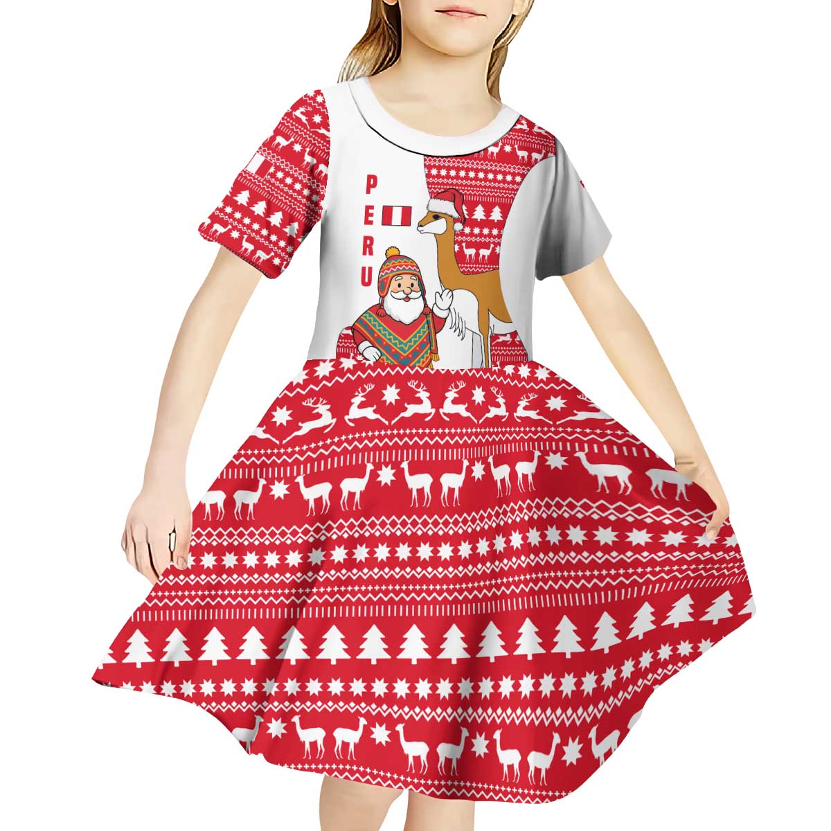 Peru Christmas Kid Short Sleeve Dress with Santa Claus Vicuña Andean Poncho and Red Festive Pattern Design - Wonder Print Shop