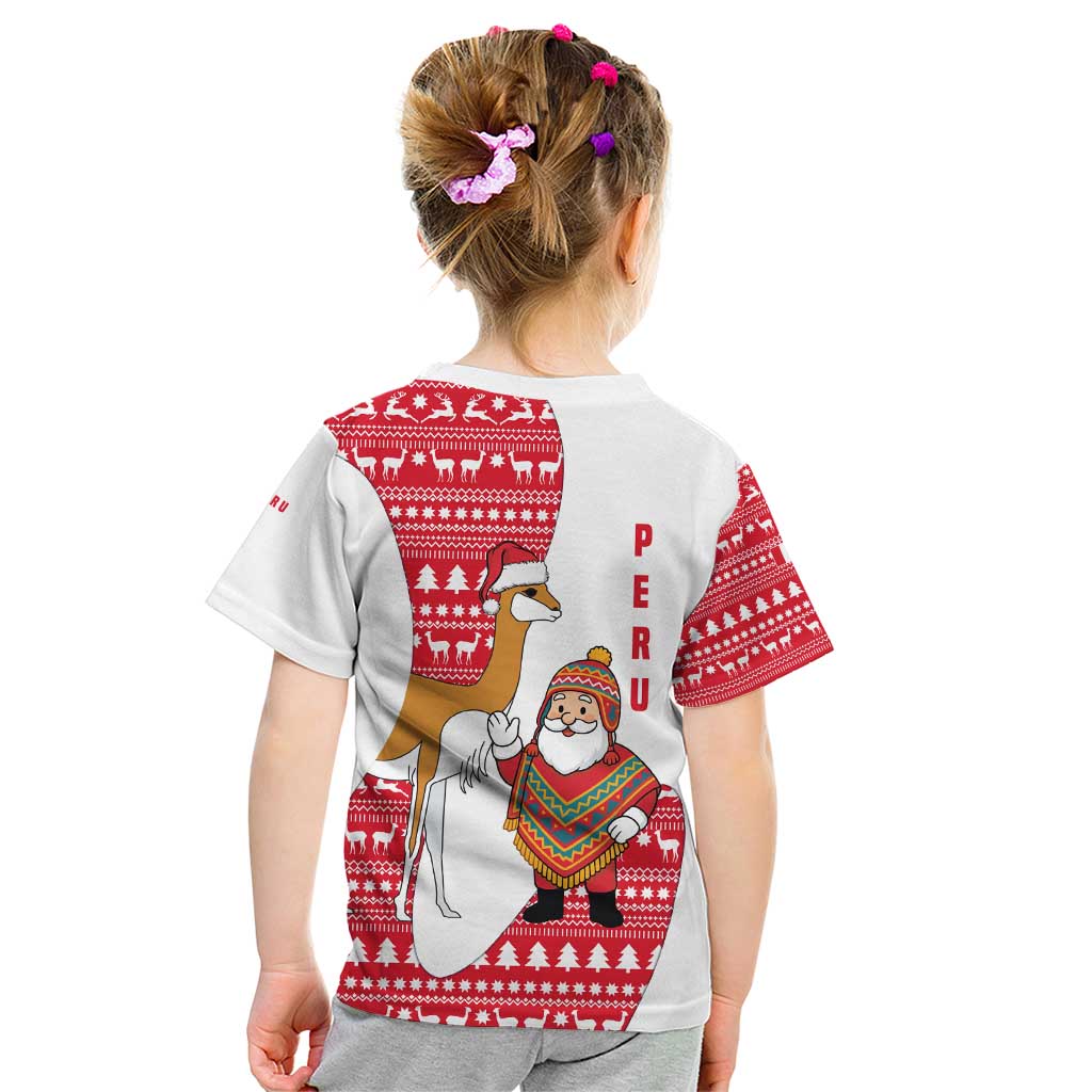 Peru Christmas Kid T Shirt with Santa Claus Vicuña Andean Poncho and Red Festive Pattern Design - Wonder Print Shop