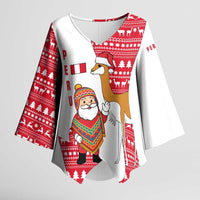 Peru Christmas Kimono Sleeve Blouse with Santa Claus Vicuña Andean Poncho and Red Festive Pattern Design - Wonder Print Shop