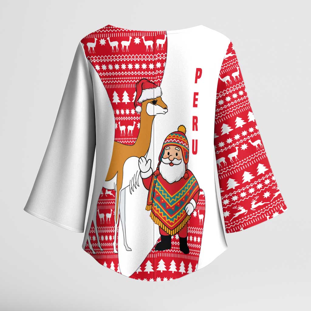 Peru Christmas Kimono Sleeve Blouse with Santa Claus Vicuña Andean Poncho and Red Festive Pattern Design - Wonder Print Shop