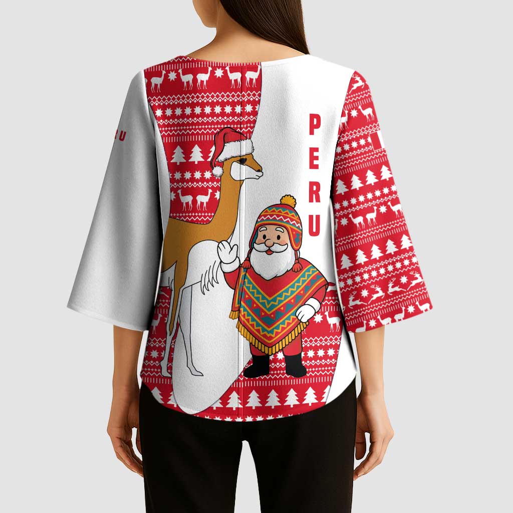 Peru Christmas Kimono Sleeve Blouse with Santa Claus Vicuña Andean Poncho and Red Festive Pattern Design - Wonder Print Shop