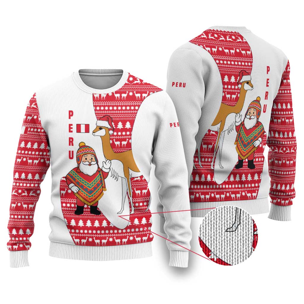 Peru Christmas Ugly Christmas Sweater with Santa Claus Vicuña Andean Poncho and Red Festive Pattern Design - Wonder Print Shop