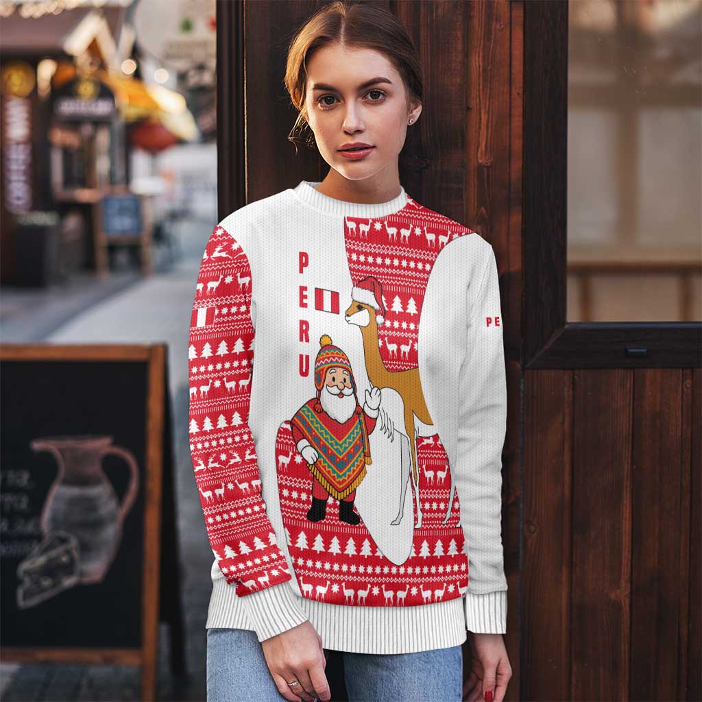 Peru Christmas Ugly Christmas Sweater with Santa Claus Vicuña Andean Poncho and Red Festive Pattern Design - Wonder Print Shop