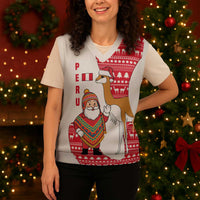 Peru Christmas Knitted V-Neck Vest with Santa Claus Vicuña Andean Poncho and Red Festive Pattern Design - Wonder Print Shop