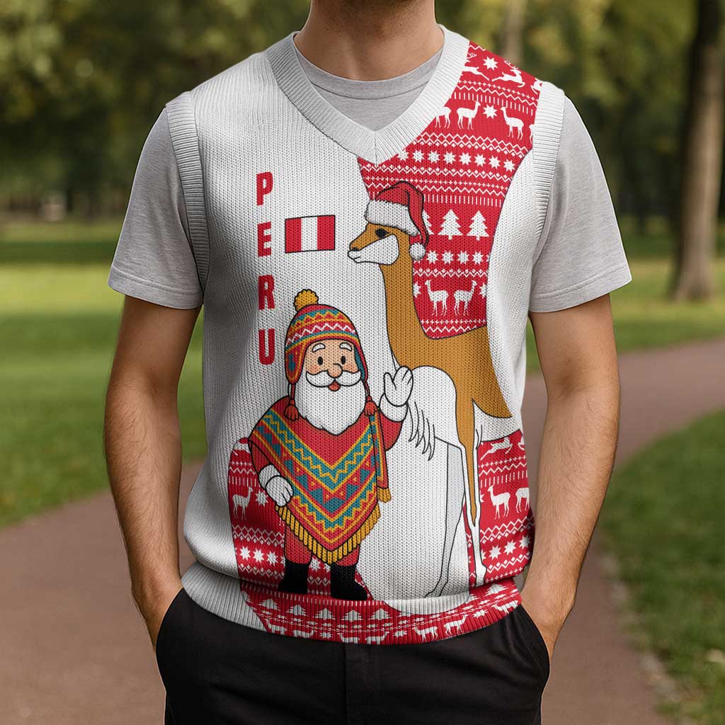Peru Christmas Knitted V-Neck Vest with Santa Claus Vicuña Andean Poncho and Red Festive Pattern Design - Wonder Print Shop