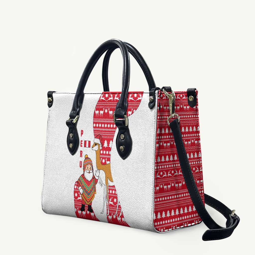 Peru Christmas Leather Bag with Santa Claus Vicuña Andean Poncho and Red Festive Pattern Design - Wonder Print Shop