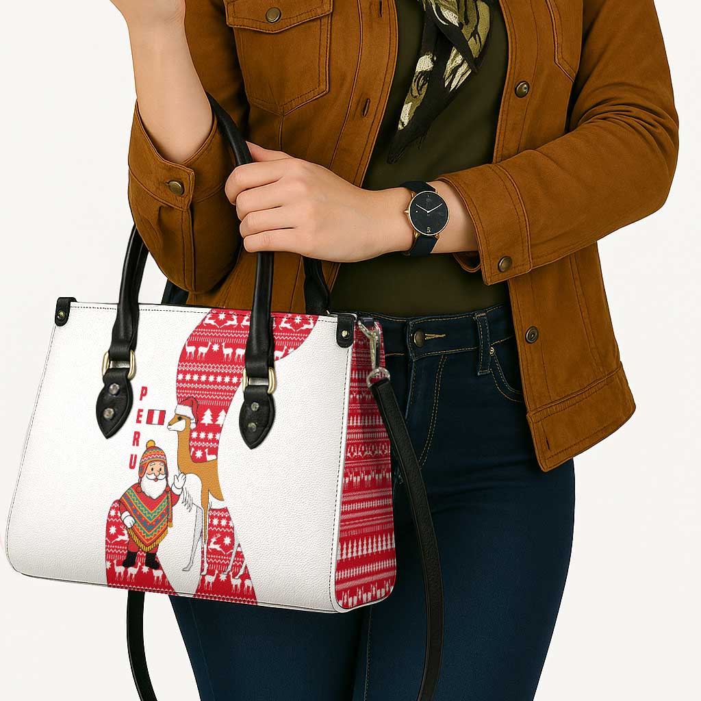 Peru Christmas Leather Bag with Santa Claus Vicuña Andean Poncho and Red Festive Pattern Design - Wonder Print Shop