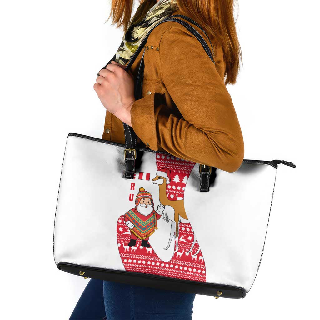 Peru Christmas Leather Tote Bag with Santa Claus Vicuña Andean Poncho and Red Festive Pattern Design - Wonder Print Shop