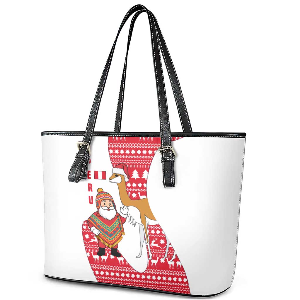 Peru Christmas Leather Tote Bag with Santa Claus Vicuña Andean Poncho and Red Festive Pattern Design - Wonder Print Shop