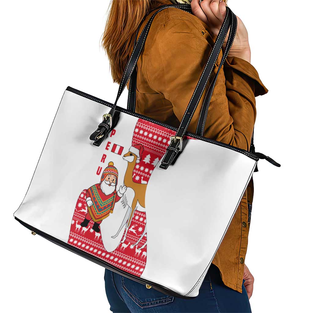 Peru Christmas Leather Tote Bag with Santa Claus Vicuña Andean Poncho and Red Festive Pattern Design - Wonder Print Shop