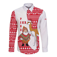 Peru Christmas Long Sleeve Button Shirt with Santa Claus Vicuña Andean Poncho and Red Festive Pattern Design - Wonder Print Shop