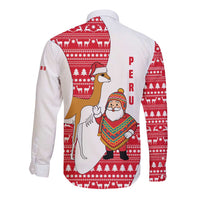 Peru Christmas Long Sleeve Button Shirt with Santa Claus Vicuña Andean Poncho and Red Festive Pattern Design - Wonder Print Shop