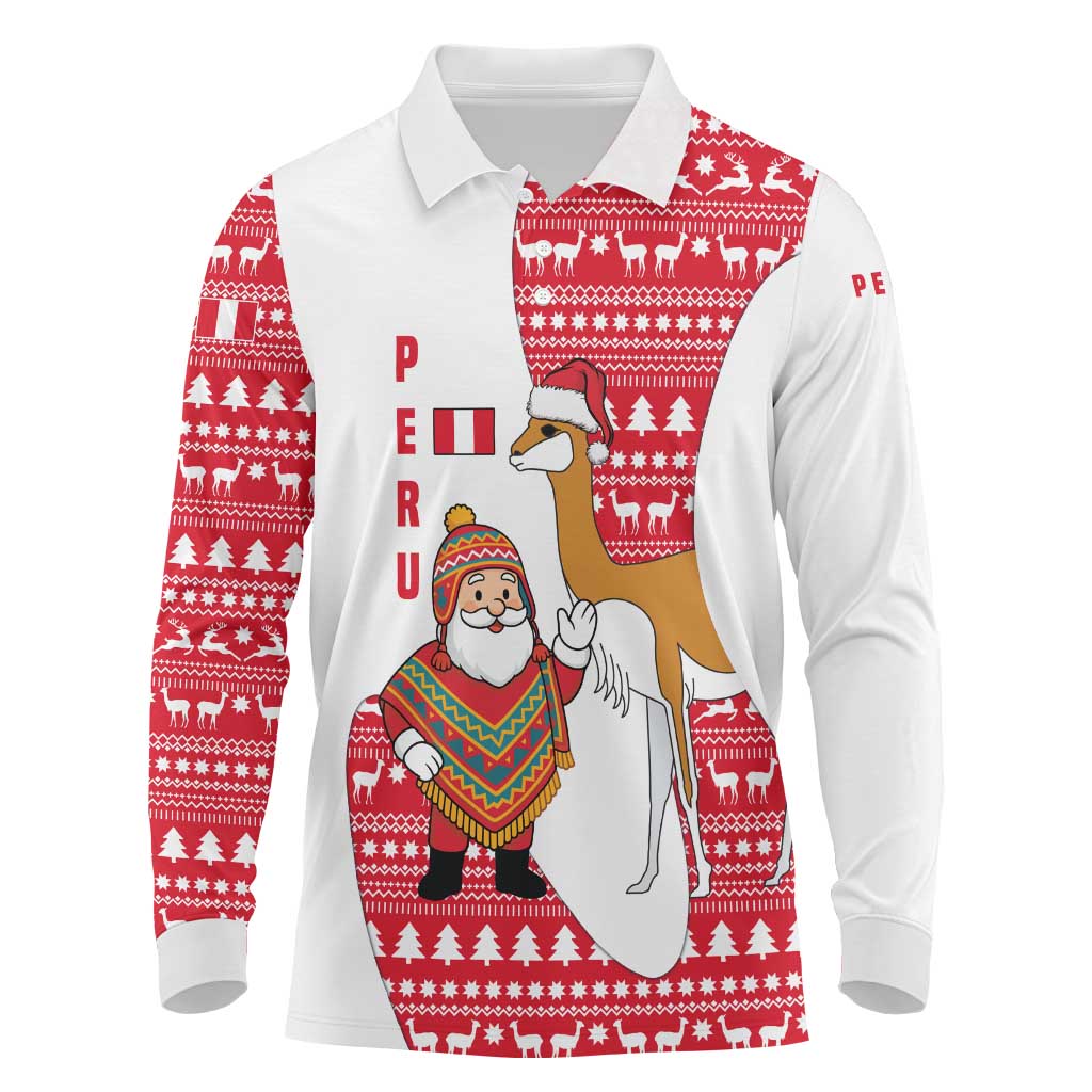Peru Christmas Long Sleeve Polo Shirt with Santa Claus Vicuña Andean Poncho and Red Festive Pattern Design - Wonder Print Shop