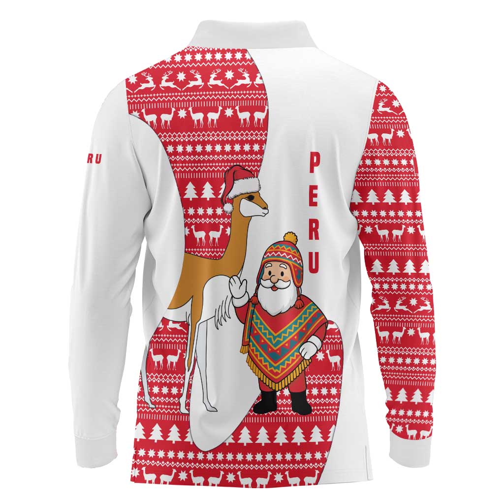Peru Christmas Long Sleeve Polo Shirt with Santa Claus Vicuña Andean Poncho and Red Festive Pattern Design - Wonder Print Shop