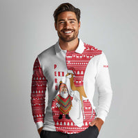 Peru Christmas Long Sleeve Polo Shirt with Santa Claus Vicuña Andean Poncho and Red Festive Pattern Design - Wonder Print Shop