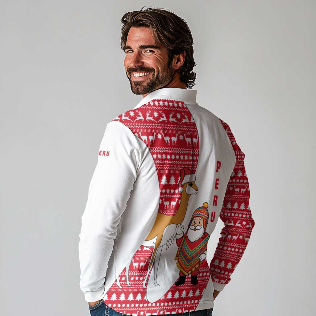 Peru Christmas Long Sleeve Polo Shirt with Santa Claus Vicuña Andean Poncho and Red Festive Pattern Design - Wonder Print Shop
