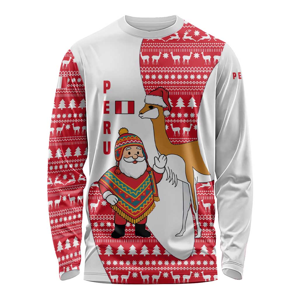 Peru Christmas Long Sleeve Shirt with Santa Claus Vicuña Andean Poncho and Red Festive Pattern Design - Wonder Print Shop