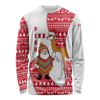 Peru Christmas Long Sleeve Shirt with Santa Claus Vicuña Andean Poncho and Red Festive Pattern Design - Wonder Print Shop