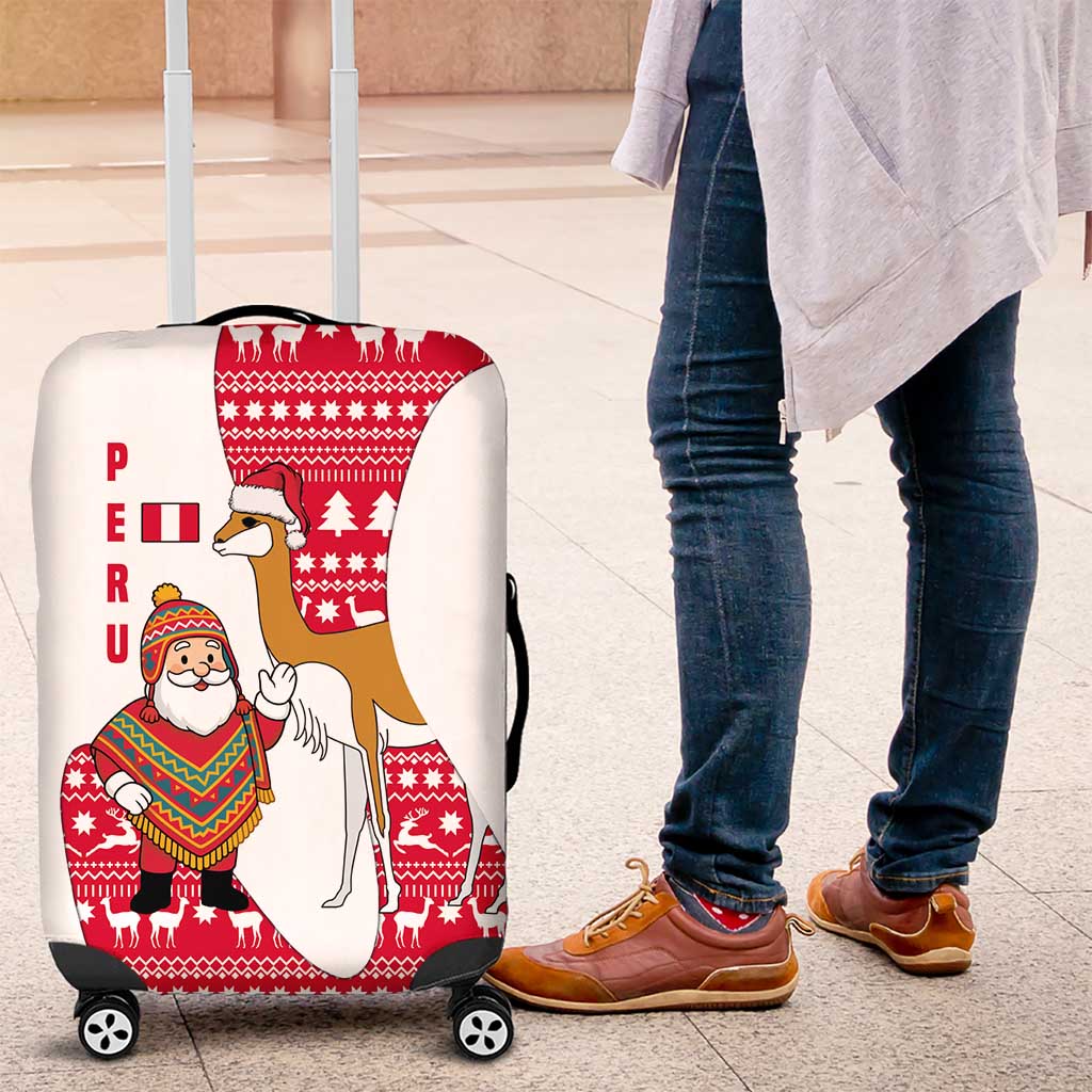 Peru Christmas Luggage Cover with Santa Claus Vicuña Andean Poncho and Red Festive Pattern Design - Wonder Print Shop