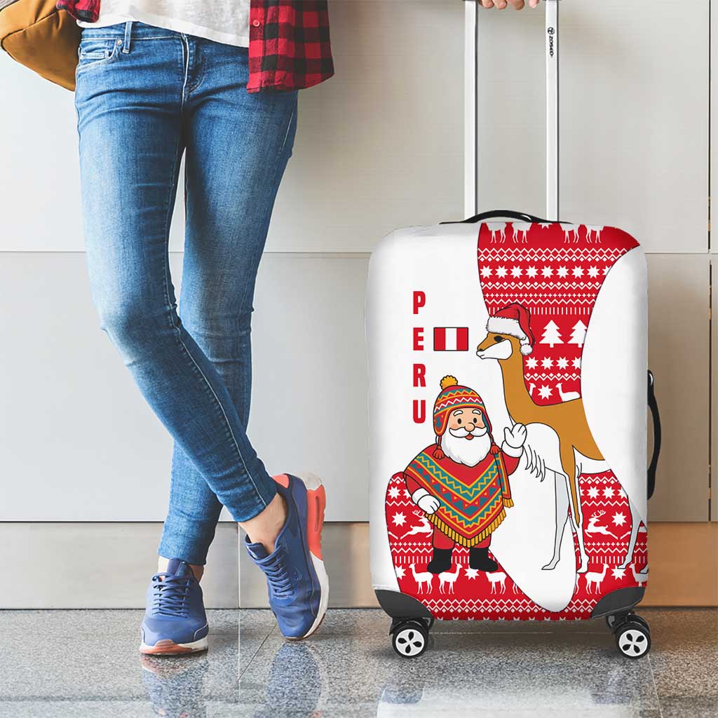 Peru Christmas Luggage Cover with Santa Claus Vicuña Andean Poncho and Red Festive Pattern Design - Wonder Print Shop