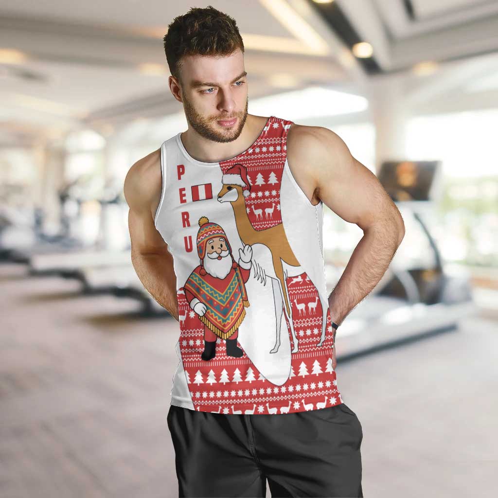 Peru Christmas Men Tank Top with Santa Claus Vicuña Andean Poncho and Red Festive Pattern Design - Wonder Print Shop