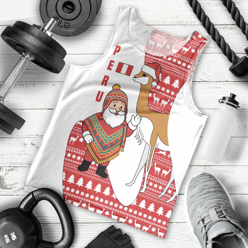 Peru Christmas Men Tank Top with Santa Claus Vicuña Andean Poncho and Red Festive Pattern Design - Wonder Print Shop