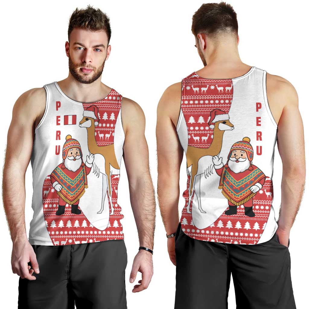 Peru Christmas Men Tank Top with Santa Claus Vicuña Andean Poncho and Red Festive Pattern Design - Wonder Print Shop
