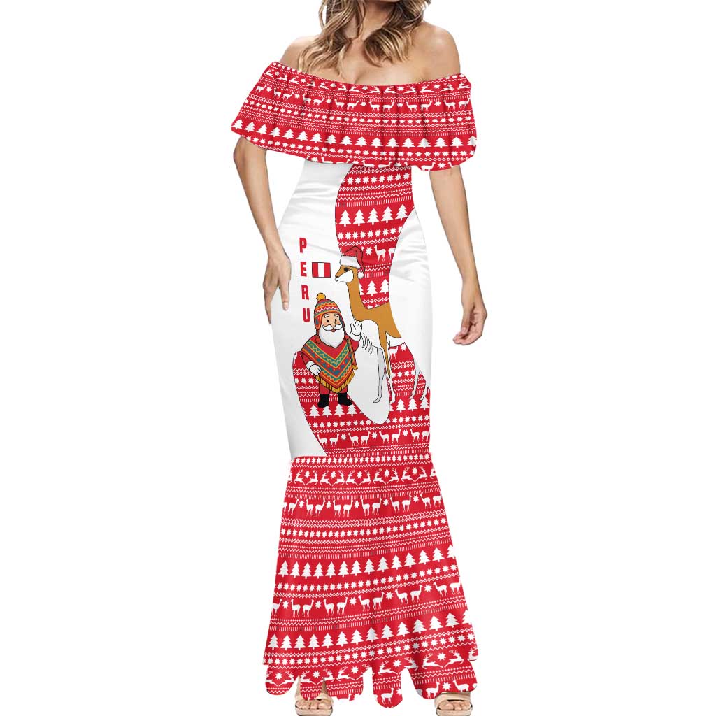 Peru Christmas Mermaid Dress with Santa Claus Vicuña Andean Poncho and Red Festive Pattern Design - Wonder Print Shop