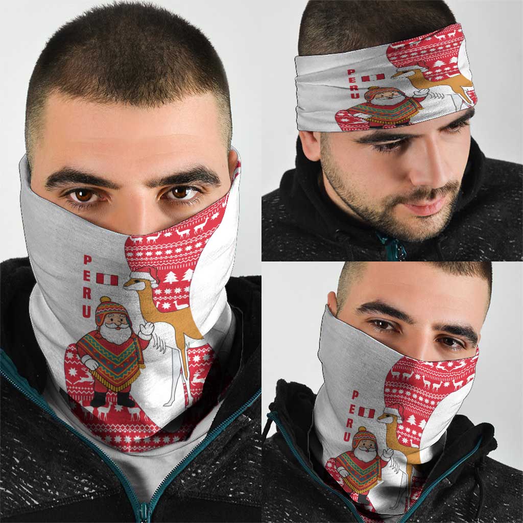 Peru Christmas Neck Gaiter with Santa Claus Vicuña Andean Poncho and Red Festive Pattern Design - Wonder Print Shop