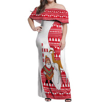 Peru Christmas Off Shoulder Maxi Dress with Santa Claus Vicuña Andean Poncho and Red Festive Pattern Design - Wonder Print Shop