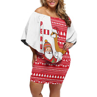 Peru Christmas Off Shoulder Short Dress with Santa Claus Vicuña Andean Poncho and Red Festive Pattern Design - Wonder Print Shop
